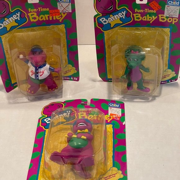 Vintage 1993 Fun-Time Barney Top Hat, Baseball & Baby Bop Vinyl Toy Figures New - Picture 2 of 10